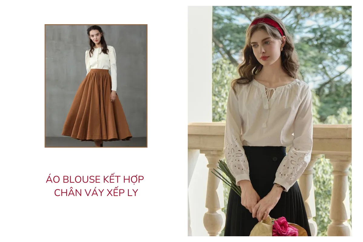 Áo blouse kết hợp chân váy xếp ly